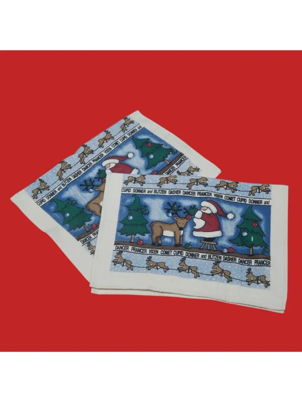 Vintage Christmas Kitchen Hand Towels Set of 2 Santa Reindeer Names Border Cotto